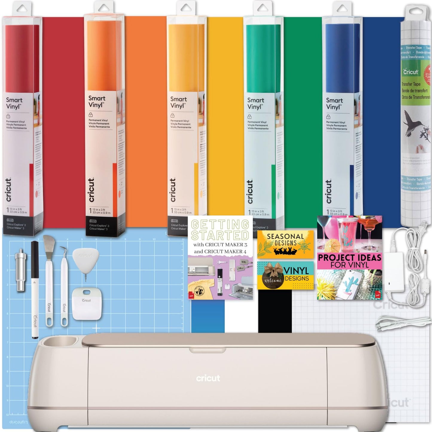 Cricut Maker 4 Cutting Machine with Rainbow Smart Vinyl Bundle - Electronic Craft Die-Cutting Machine with Variety Vinyl, Transfer Tape and Weeding Tools, Beginner Kit, Bluetooth Connectivity
