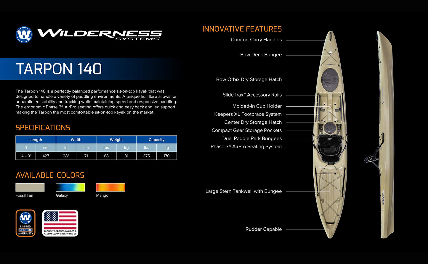 Wilderness Systems Tarpon 140 Sit on Top Fishing Kayak Premium Angler Kayak 14'